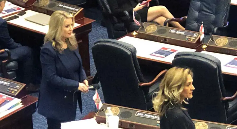 Rep. Jenna Persons-Mulicka (left) and Rep. Jennifer Canady (right) discussing SB 300 on April 13, 2023. The two women were primary sponsors of the 6-week abortion ban. The House ultimately approved the legislation. Credit: Danielle J. Brown