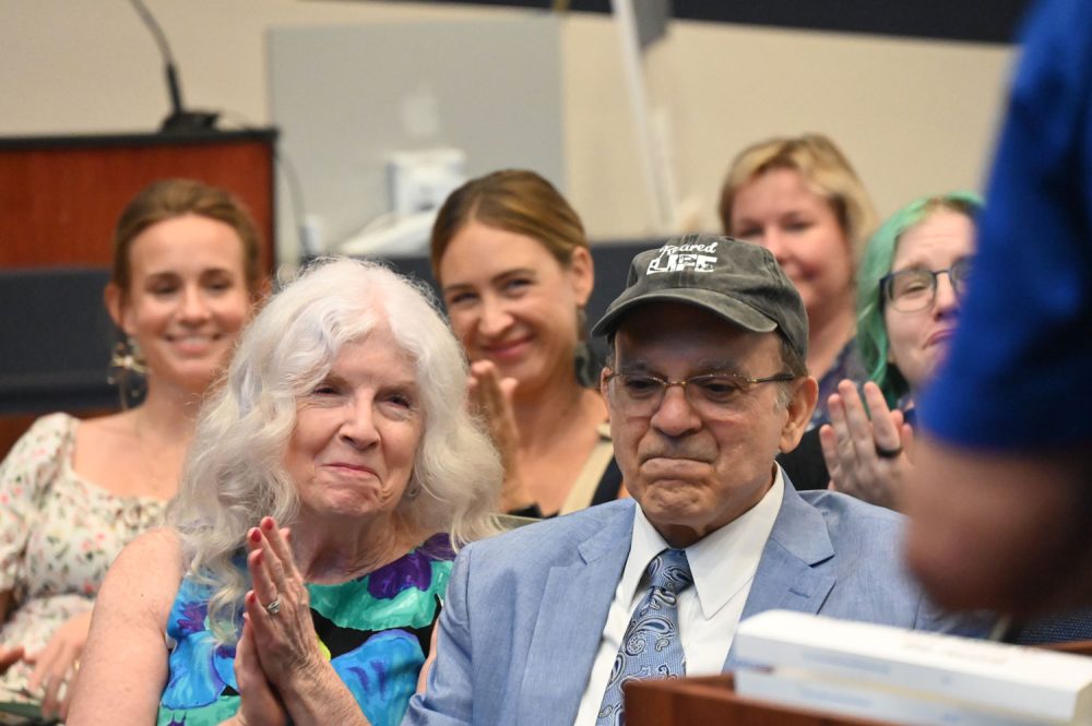 Maureen and Al Hadeed during a moving moment at Al's retirement party Thursday in Bunnell. (© FlaglerLive)