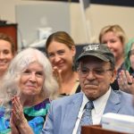 Maureen and Al Hadeed during a moving moment at Al's retirement party Thursday in Bunnell. (© FlaglerLive)