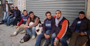 Al Jazeera's Gaza crew and other journalists out on the street following concerns that their media building could be hit by the Israeli military--in 2008. Then as now, journalists' fears have been justified. (Wikimedia Commons)