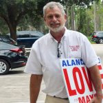 Alan Lowe, a candidate for Palm Coast mayor, at the end of the second day of early voting at the public library in Palm Coast today. (© FlaglerLive)