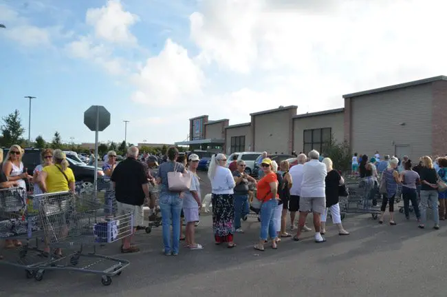 About 150 people had lined up in a snaking line around the Aldi parking lot before the Palm Coast store's opening this morning, with more coming in every minute. (© FlaglerLive)