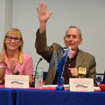 Palm Coast Mayor David Alfin at today's "Meet the Mayors" forum at the Flagler County Association of Realtors. He was flanked by Bunnell Mayor Catherine Robinson and Sheriff's Chief Mark Strobridge. (© FlaglerLive)