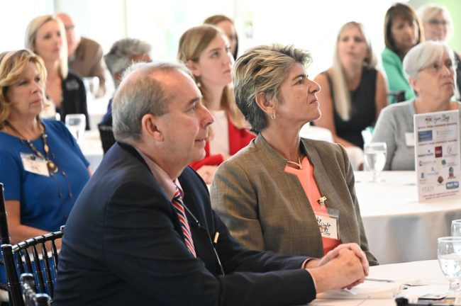 Palm Coast Mayor David Alfin and School Superintendent Cathy Mittelstadt at today's talk. (© FlaglerLive)