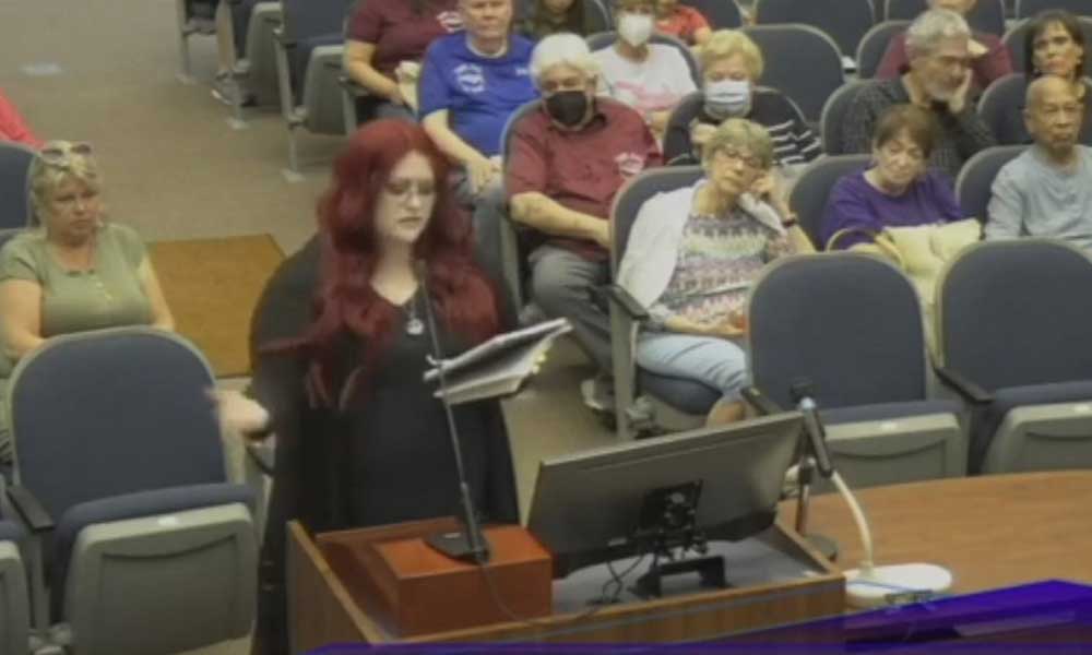 Allison Lauderdale downplayed book-burning in Nazi Germany in an appearance before the Flagler County School Board on Tuesday. (© FlaglerLive via Flagler Schools TV)
