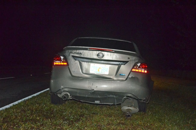 The Altima, at the head of the line of crashed cars, was least damaged. Click on the image for larger view. (© FlaglerLive)