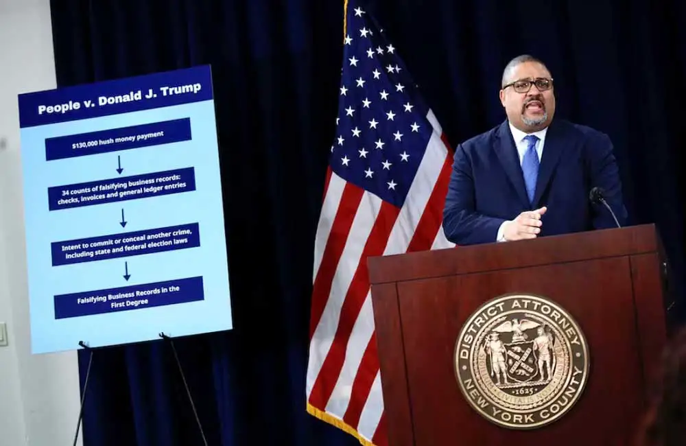Manhattan District Attorney Alvin Bragg speaks during a press conference about former President Donald Trump’s arraignment on April 4, 2023. 