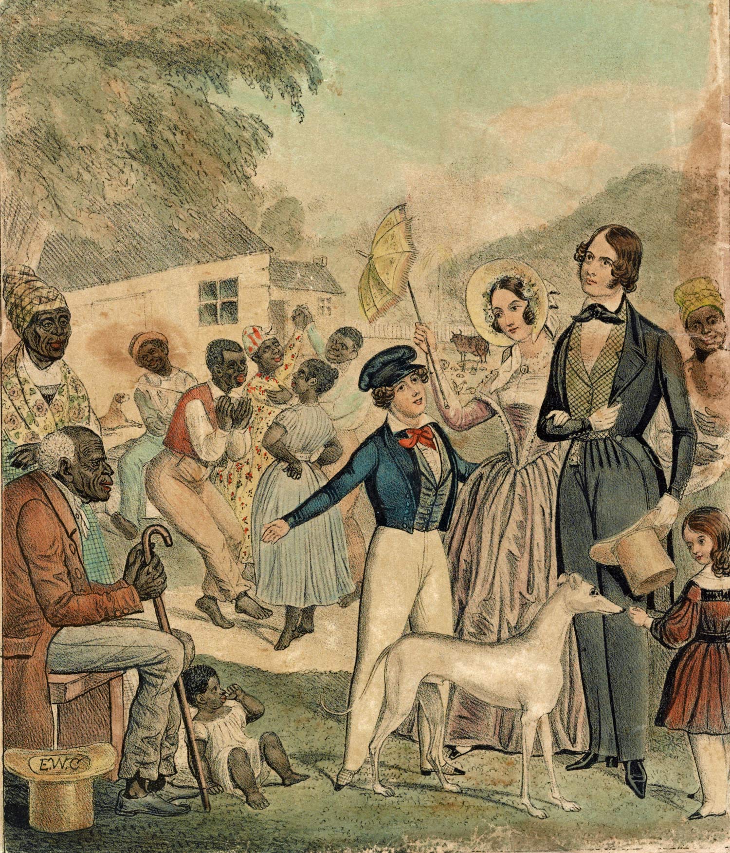 "America," by Edward William Clay (1841), shows an idealized portrayal of American slavery and the conditions of blacks under this system in 1841 
