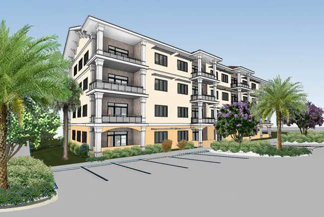 A rendering of what would be one of three apartment buildings at American Village, a new gated community in the heart of Palm Coast's P-Section. 