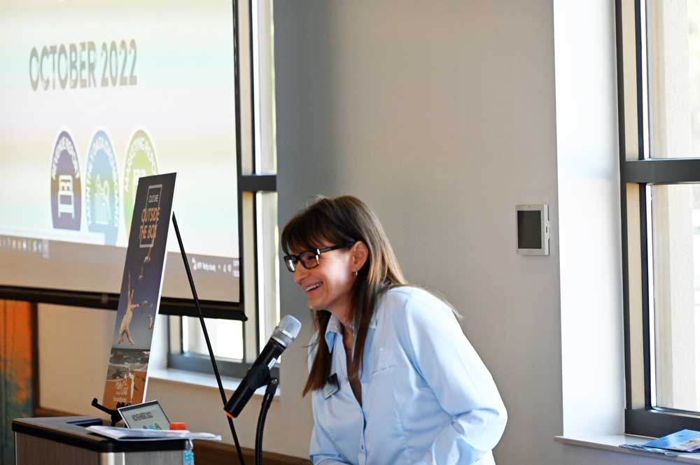 Flagler County Tourism Director Amy LUkasik during her annual presentation of the State of Tourism in at the Palm Coast Community Center Monday. (© FlaglerLive)