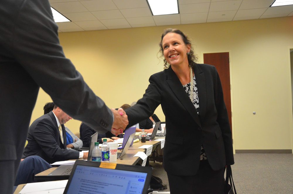 Andrea Totten meeting members of the Judicial Nominating Commission at her interview in late August at the Flagler County courthouse. (© FlaglerLive)