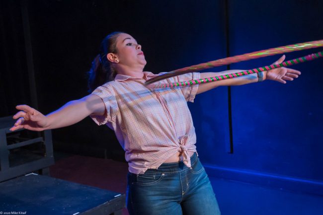 Angela Young plays the chorus, Hula Hoop included, in City Repertory Theatre’s production of Shakespeare’s “Romeo and Juliet.” (Mike Kitaif)