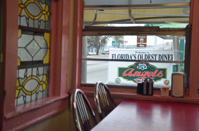 The view from inside Angel's Diner in Palatka this morning, with the bridge over the St. Johns River in the distance. Click on the image for larger view. (© FlaglerLive)