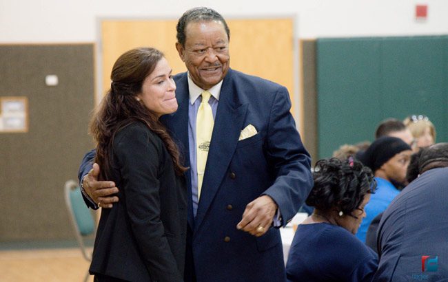 Wadsworth Elementary Principal Anna Crawford and John Winston, the long-time leader of Flagler County schools' the African American Mentor Program, at AAMP's annual year-end banquet at at First Baptist Church of Palm Coast last week. See additional images below. (Jason Wheeler/Flagler Schools.)