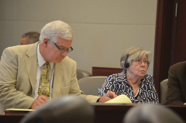 Anna Pehota this afternoon as she sat through jury selection for her trial, next to her defense attorney, Ray Warren. (c FlaglerLive)