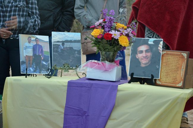 The memorial shrine Anthony Fennick's friends and family set up at his memorial on the beach on Feb. 14. (© FlaglerLive)