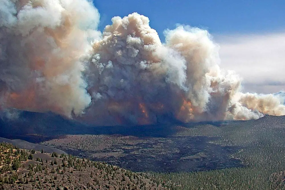 Wind quickly spread a blaze that burned homes near Flagstaff, Ariz., in April 2022. (Coconino National Forest via AP)