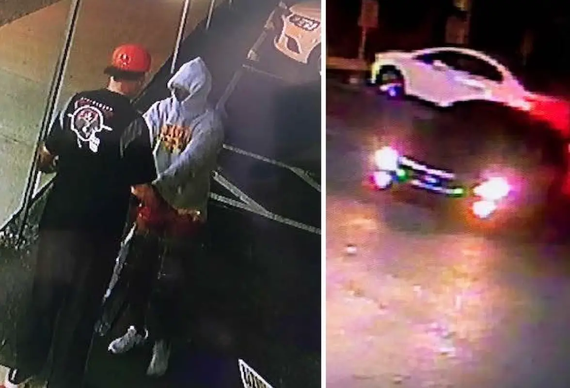 The armed robbery suspect in the hoodie, left, and the suspect's vehicle in images released by the sheriff's office.