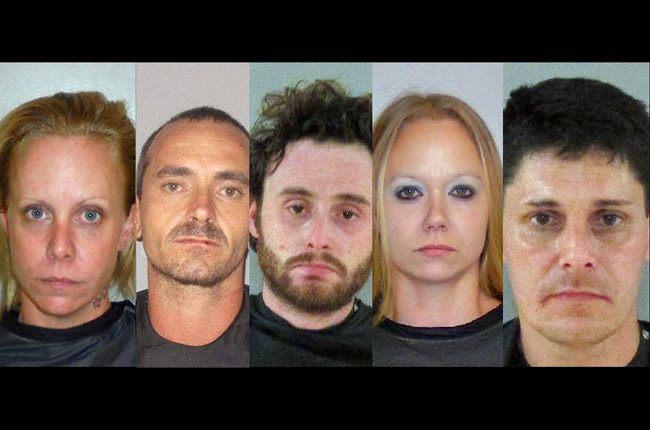 The Raemoor Drive arrests in Palm Coast. From left, Margaret Tillman, Glenn James Moratto, Jordan Cheney, Samantha Tillman, and John Jakobson. 