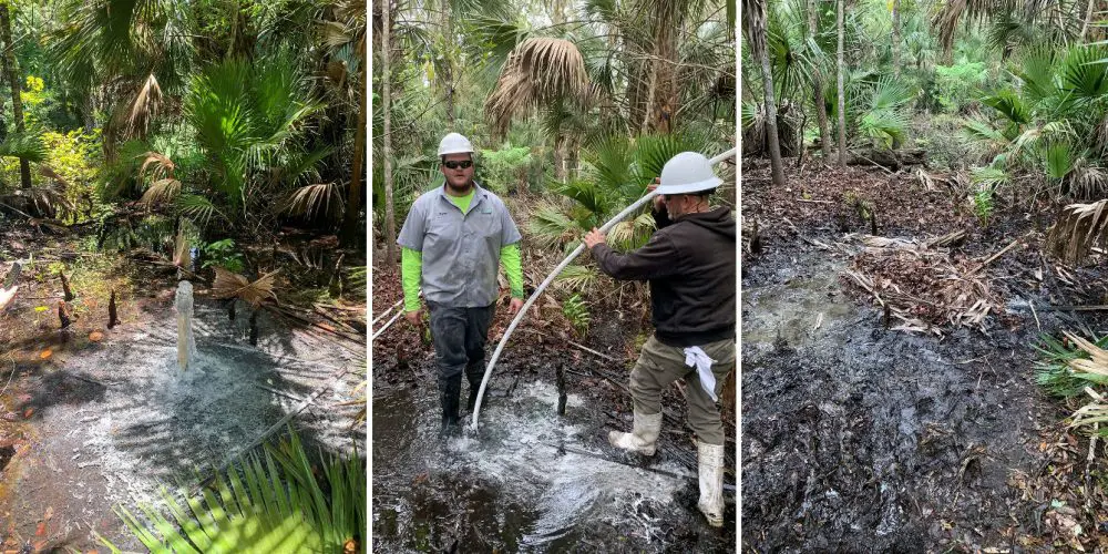 Left: The District recently plugged a flowing artesian well on the banks of the Wekiva River. Middle: contractor plugging the well. Right: The well casing was cut off below the surface of the land and all flow has ceased.