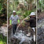 Left: The District recently plugged a flowing artesian well on the banks of the Wekiva River. Middle: contractor plugging the well. Right: The well casing was cut off below the surface of the land and all flow has ceased.