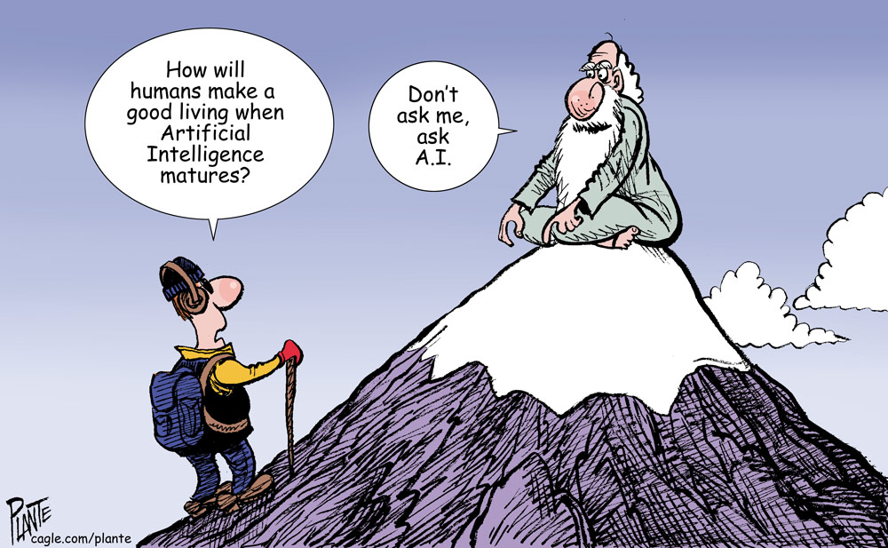 A mountain climber asks a guru about AI by Bruce Plante, PoliticalCartoons.com