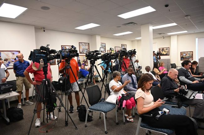 Unprecedented attention at an unprecedented press conference. (© FlaglerLive)