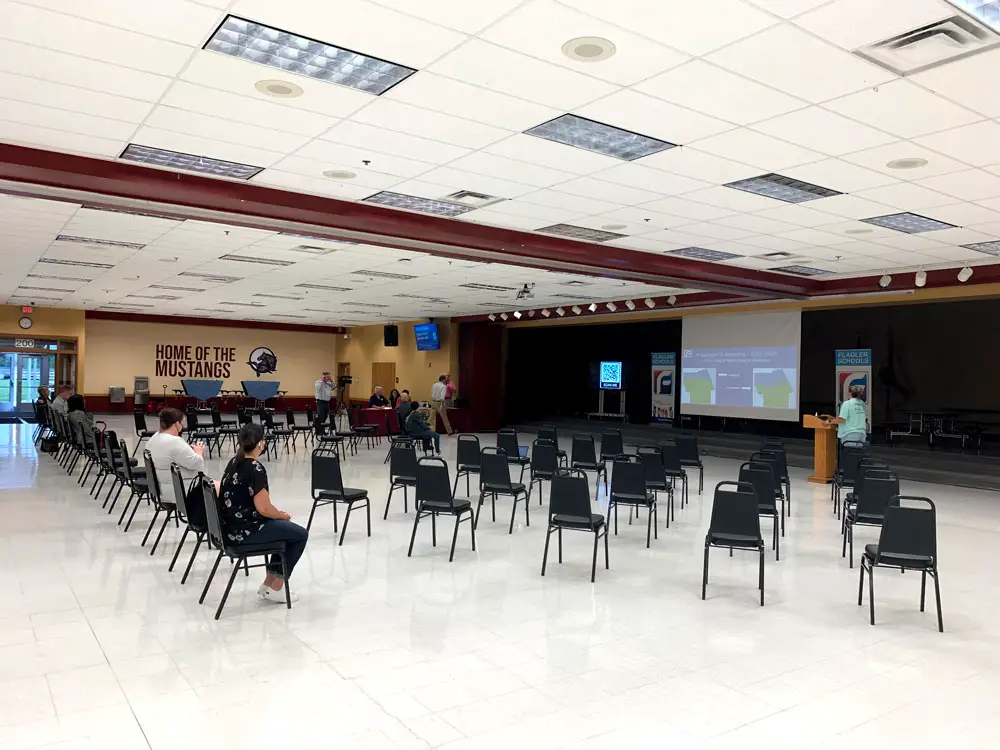 That was all the audience there was at a "listening session" at the Indian Trails Middle School cafeteria Wednesday evening, a contrast with previous listening sessions, when the rezoning proposal was much broader. (© FlaglerLive)