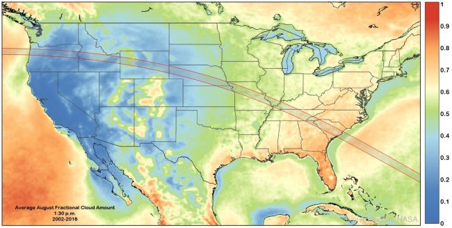 A few hours after sunrise, a rare total eclipse of the Sun will be visible along a narrow path across the USA. Those only near the path will see a partial eclipse. Although some Americans live right in path of totality, surely many more will be able to get there after a well-planned drive. One problem with eclipses, though, is that clouds sometimes get in the way. To increase your clear-viewing odds, you might consult the featured map and find a convenient destination with a historically low chance (more blue) of thick clouds overhead during totality. Given the large fraction of Americans carrying camera-equipped smartphones, this American Eclipse may turn out to be the most photographed event in the history of the world.