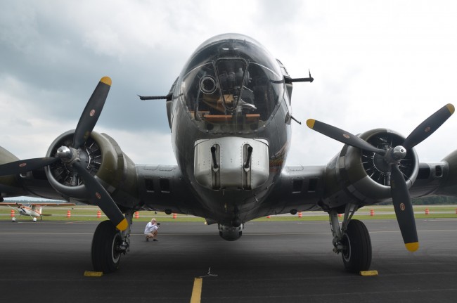 The EAA's Aluminum Overcast, a B-17 Flying Fortress, soon after landing at the Flagler County Airport Thursday afternoon. Click on the image for larger view. (© FlaglerLive)