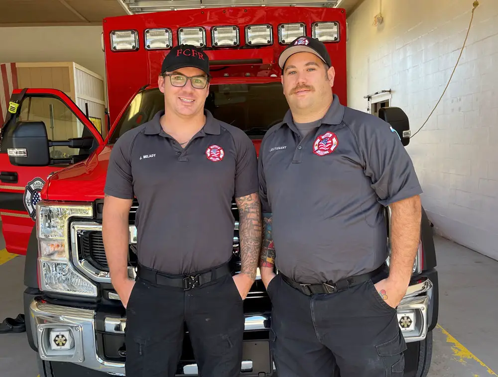 Proud deliverers: Flagler County Fire Rescue Lieutenant Jon Moscowitz and Firefighter/Paramedic Jimmy Melady. (Flagler County)