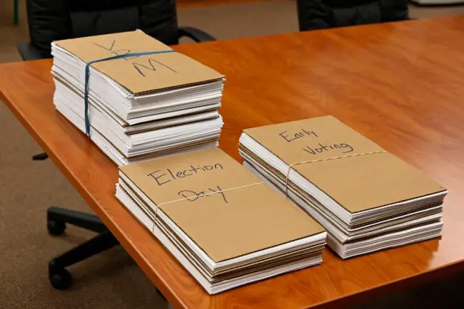 The ballots before they were hand-counted. (© FlaglerLive)
