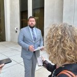 Florida Decides Healthcare Executive Director Mitch Emerson talks to reporters in Tallahassee outside the federal courthouse May 22, 2025. (Photo by Christine Sexton/Florida Phoenix)