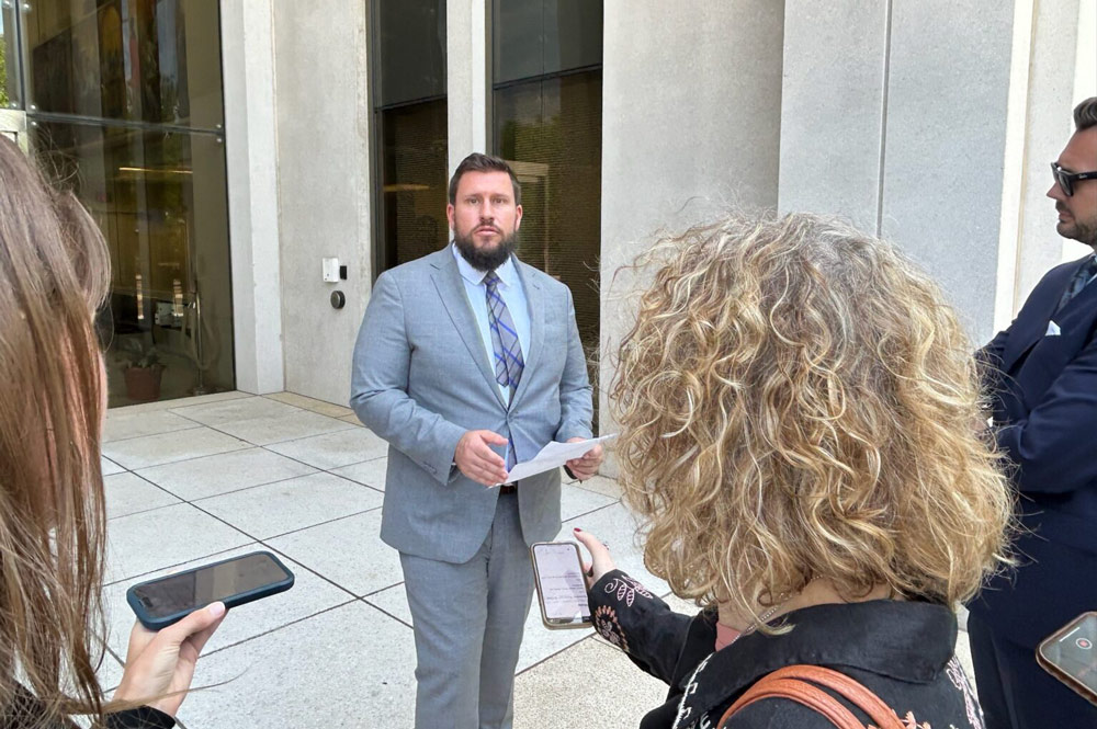 Florida Decides Healthcare Executive Director Mitch Emerson talks to reporters in Tallahassee outside the federal courthouse May 22, 2025. (Photo by Christine Sexton/Florida Phoenix)