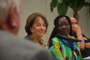 Former Flagler County Commissioner Barbara Revels, left, who's still involved in health and domestic violence initiatives she started as commissioner, with Sally Sherman, the deputy county administrator, after whom Sally's Safe Haven is named. (© FlaglerLive)