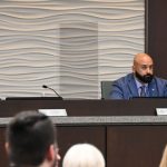 Palm Coast City Council member Victor Barbosa, right, at today's council meeting. Ed Danko, who was hoping to see Barbosa's seat turned over to Danko ally Alan Lowe, is to the left. (© FlaglerLive)