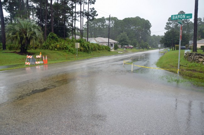 Barrington Drive and Baron Way, where Barrington had been closed Friday evening. Click on the image for larger view. (© FlaglerLive)