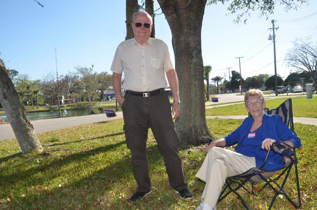 Three years ago Bill Baxley and Jan Reeger were opponents. Tonight, they're both winners as Baxley retains his seat on the Bunnell City Commission, winning re-election for the second time, and Reeger, who was unsuccesful in a previous run for county commission and a previous run for city commission, finally took a seat on the Bunnell Commission. (© FlaglerLive)