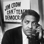 In this Feb. 2, 1964, image, Bayard Rustin talks on a telephone from a church in Brooklyn, New York. (Patrick A. Burns/New York Times Co./Getty Images)