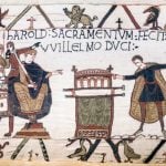 King Harold swearing oath on holy relics to William, Duke of Normandy. Wikimedia, CC BY