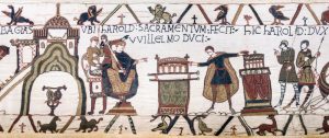 King Harold swearing oath on holy relics to William, Duke of Normandy. Wikimedia, CC BY