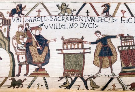King Harold swearing oath on holy relics to William, Duke of Normandy. Wikimedia, CC BY