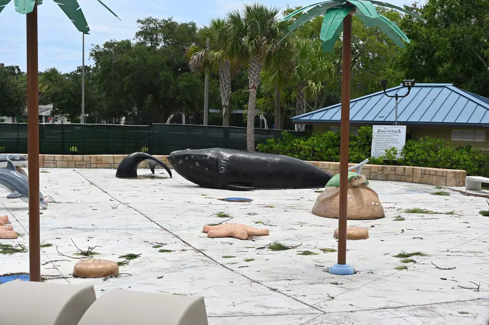 The hand-carved whale at the splash pad at Holland Park, beached in idleness for two years, symbolizes the fate of what was to be the park system's crown jewel. The city is in litigation against the splash pad's contractors and subcontractors. (© FlaglerLive)