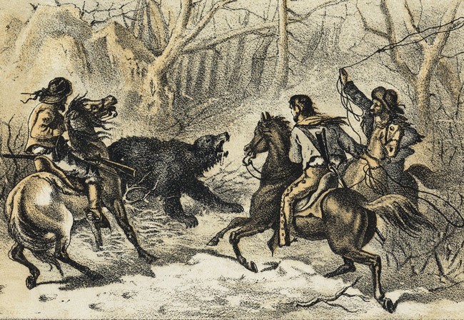 Three men on horses hunting a bear, from a late 19th century print of American trade cards, held by the print department of the Boston Public Library.