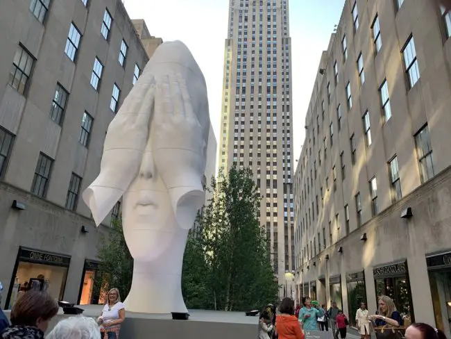 Jaume Plensa's 'Behind the Walls,' a 2019 sculpture, part of Rockefeller Center's Frieze Sculpture public art initiative featuring 14 artists through June 28. (c FlaglerLive)