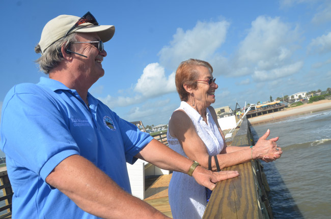 Flagler Beach Commissioners Rick Belhumeur and Jane Mealy have a lot to smile about: the Flagler Beach Pier reopens Saturday, after an eight-month quarantine for repairs. (© FlaglerLive)