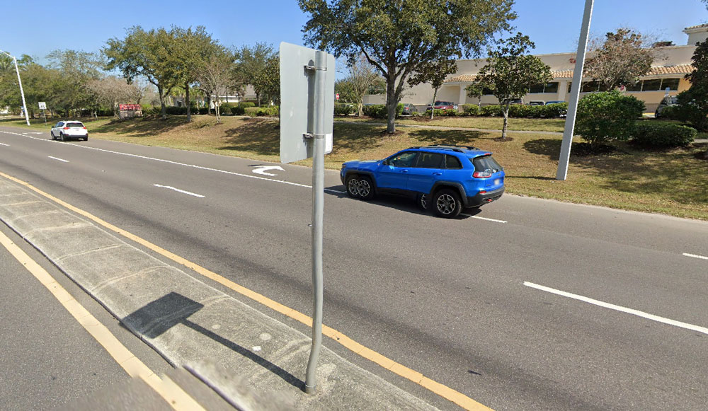 The area of the crash as the victim veered off the southbound lanes into the northbound lanes and crashed her car against a tree on the rise toward the Target shopping center.