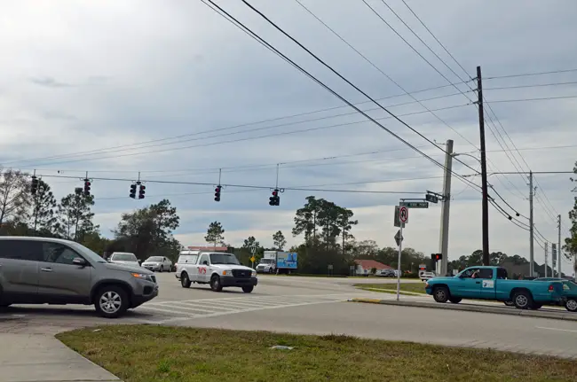 The intersection at Belle Terre Parkway and State Road 100 can seem like a free-for-all, especially for pedestrians. (© FlaglerLive)