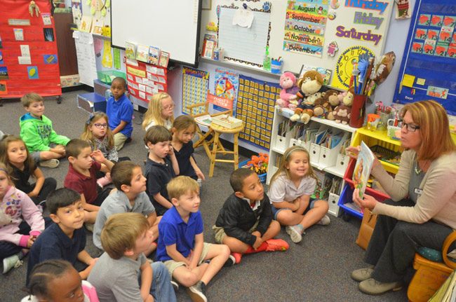 School Board member Colleen Conklin at Belle Terre Elementary's African-American Read-In last year. (© FlaglerLive)