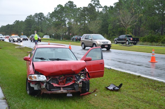 The Nissan Sentra was severely damaged. Click on the image for larger view. (© FlaglerLive)